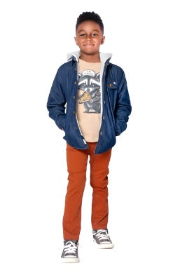 Boy modeling an autumnal outift including the hooded denim shirt as a layer. 