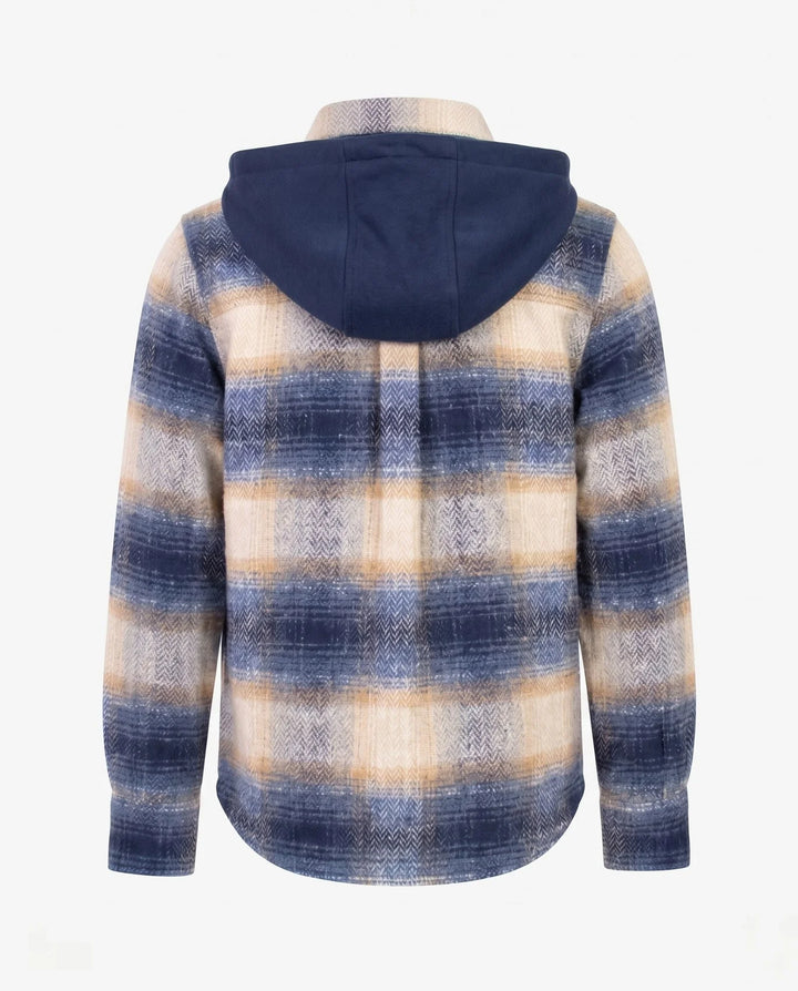 back of a hooded shirt, blue herringbone plaid with navy hood. 