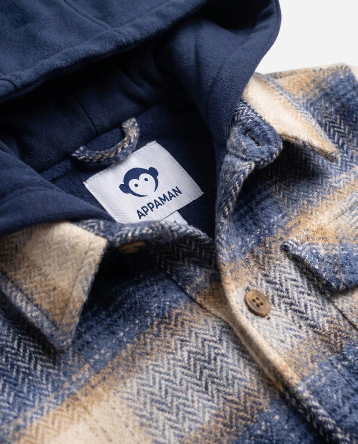 close up of the hood and colors in the plaid shirt. 