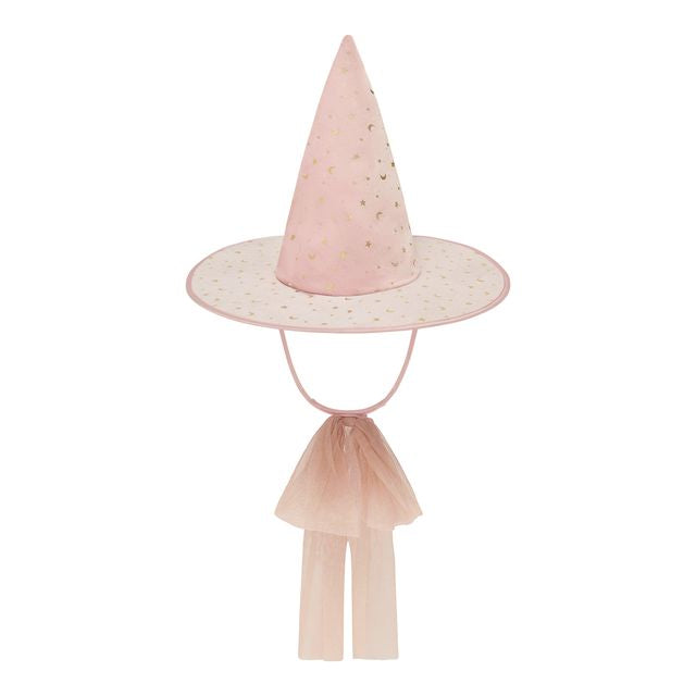 Pink witch hat with tulle on a white background
