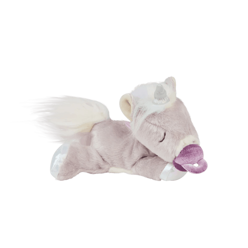 baby unicorn that is lavender with with a unicorn pacifier 