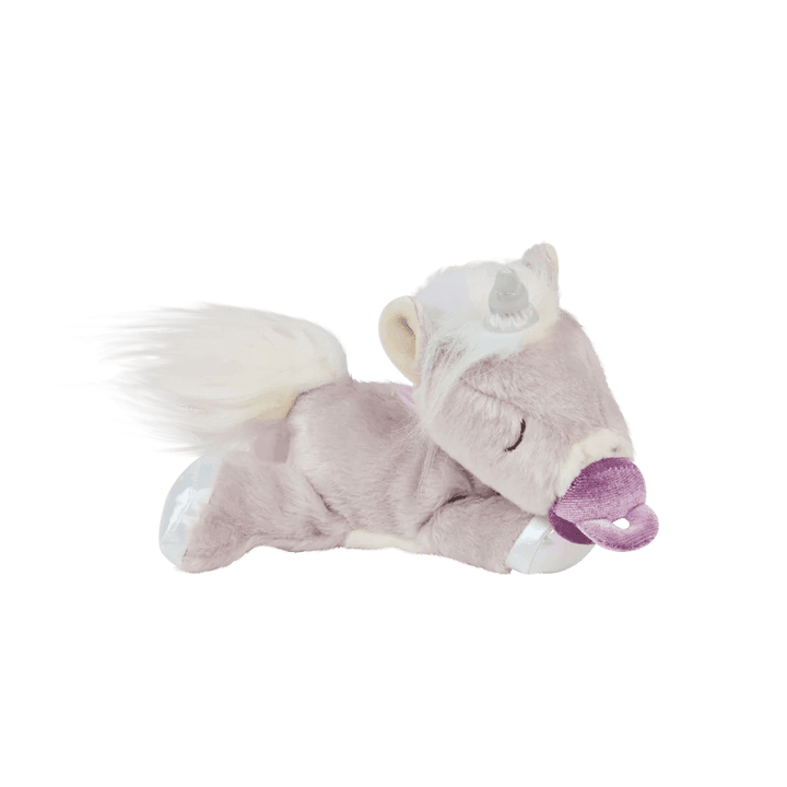 baby unicorn that is lavender with with a unicorn pacifier 