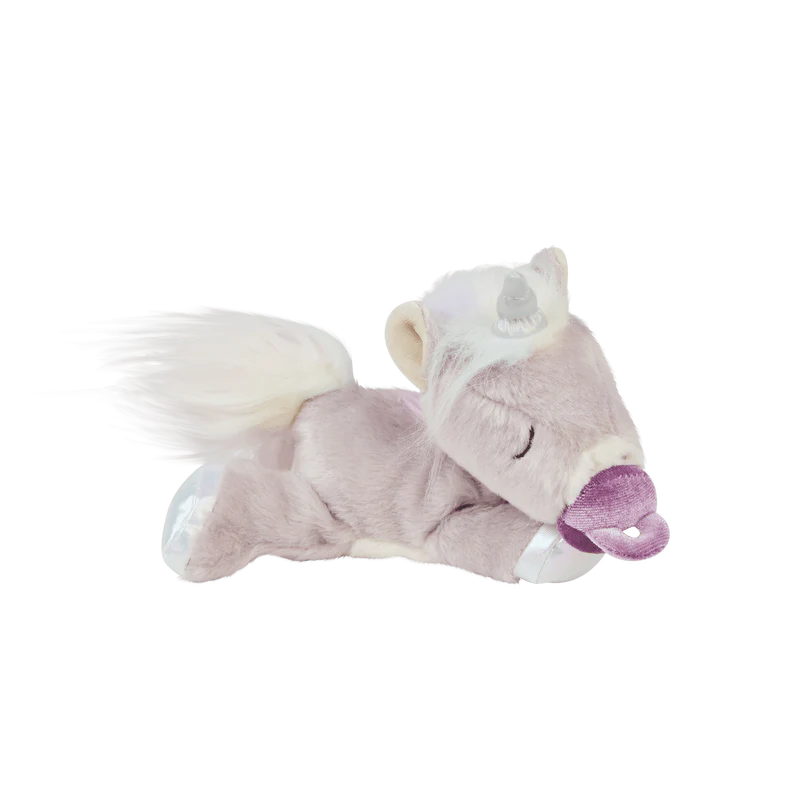 baby unicorn that is lavender with with a unicorn pacifier 