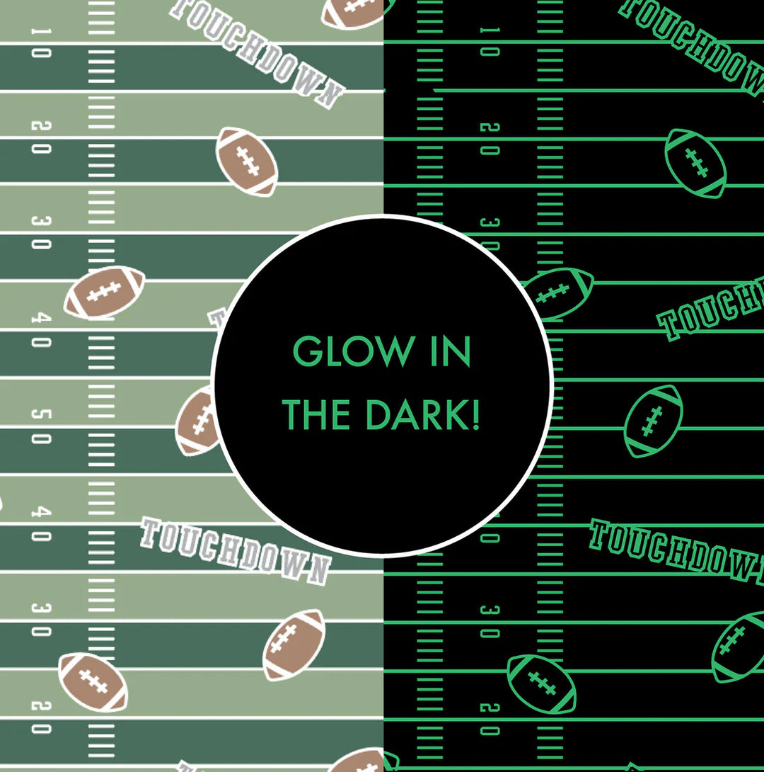 Glow-in-the-dark football field pattern with 'Glow in the Dark!' text.