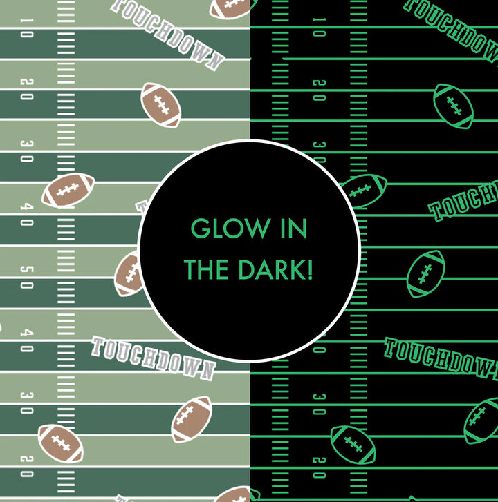 Glow-in-the-dark football field pattern with 'Glow in the Dark!' text.