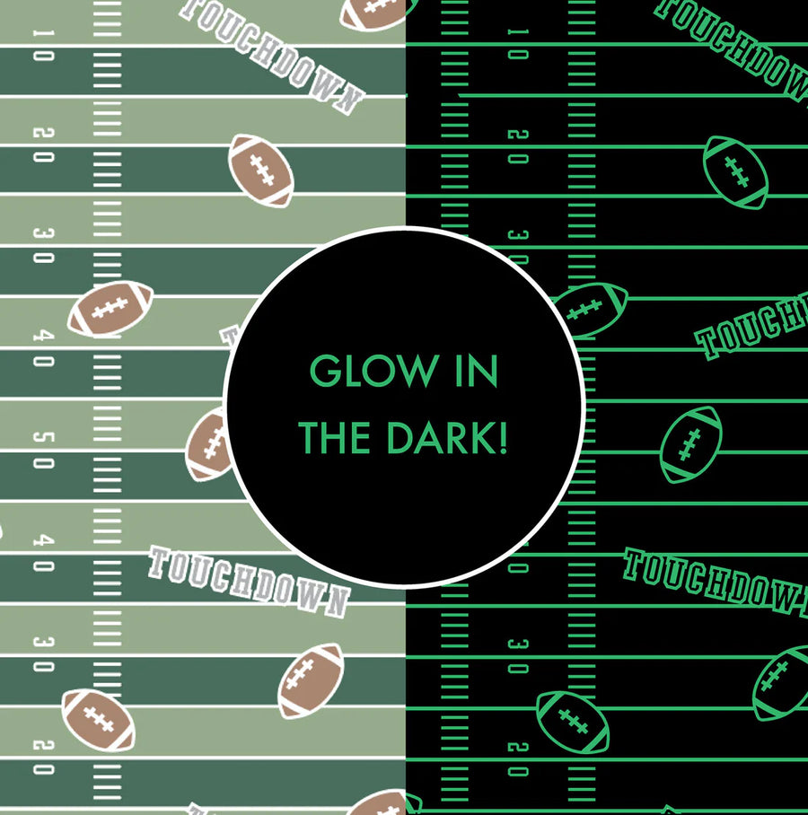 Glow-in-the-dark football field pattern with 'Glow in the Dark!' text.