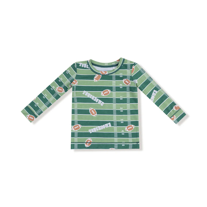 Green long-sleeve shirt with football field pattern on a white background