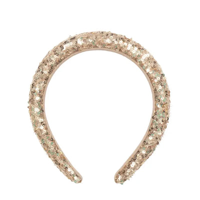 padded headband gold in color, covered in sequins. 