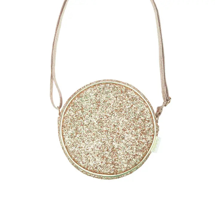 gold glittery handbag, can be worn as a crossbody or shoulder strap 