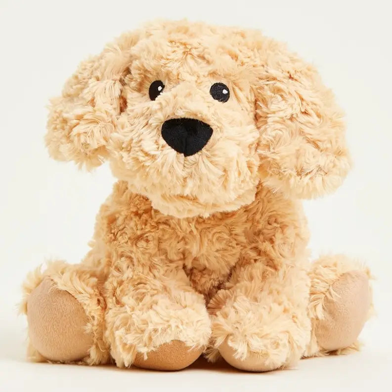A fluffy beige plush puppy toy with curly fur, black bead eyes, and a black nose, sitting against a plain white background.