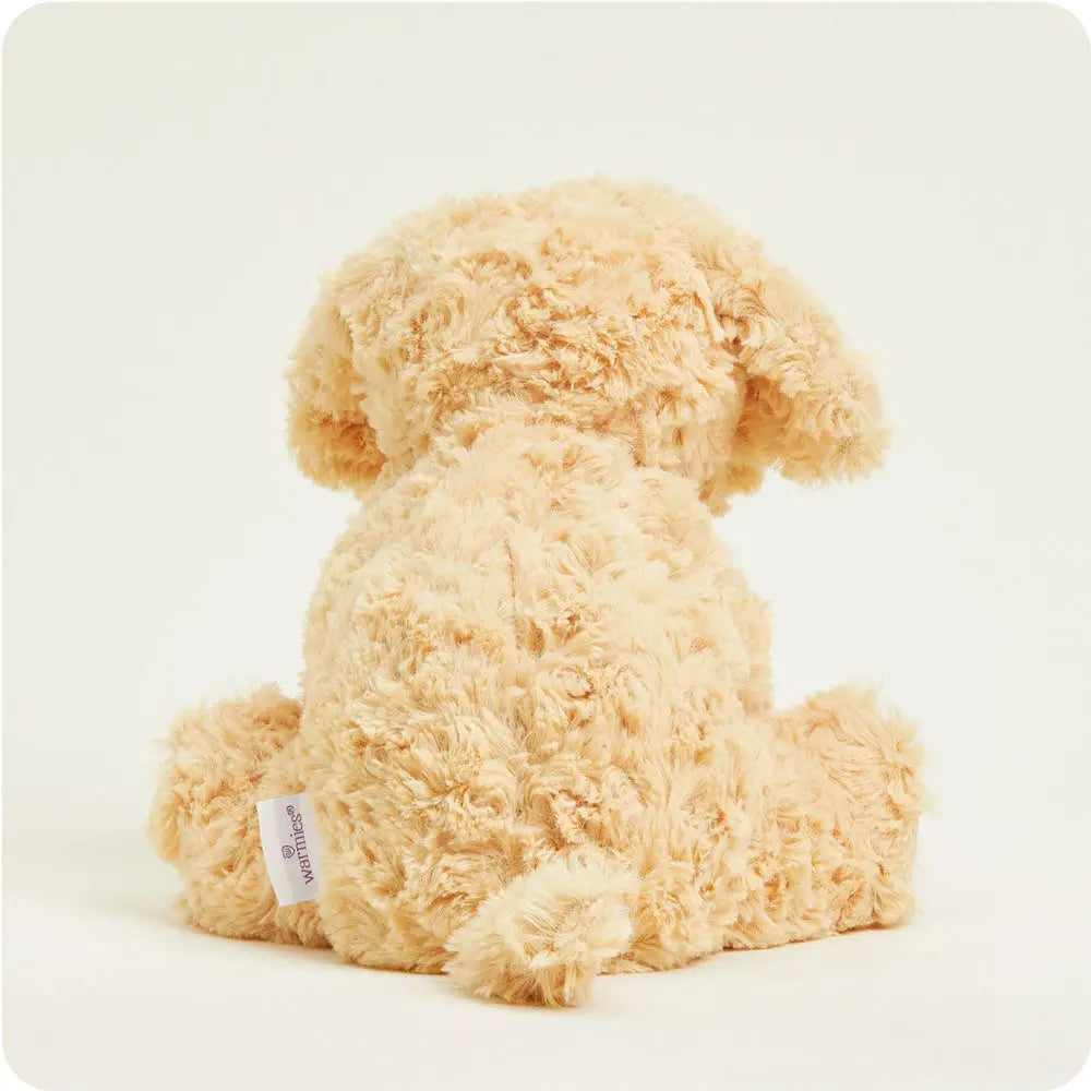 Beige plush toy dog on a white background