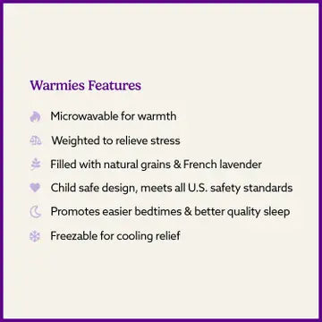 List of Warmies product features on a white background with purple border
