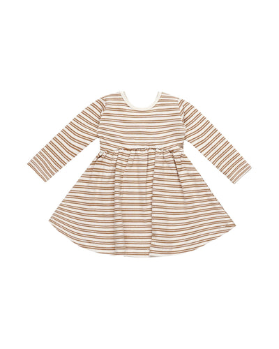 Ribbed cotton baby dress, long sleeves. golden stripe and natural beige colorway