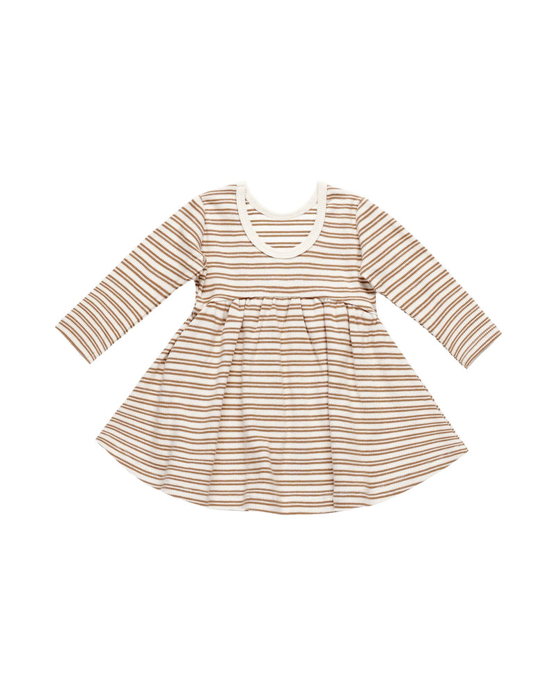 back of baby dress, low ballet back swoop, golden stripe and beige natural colorway. 