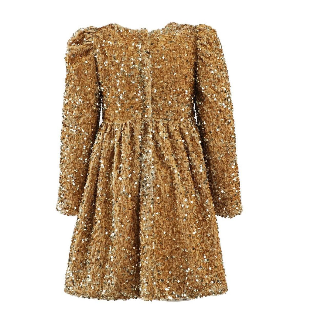 Gold sequin dress on a white background