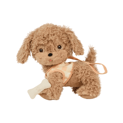 side view of the puppy on a leash with the lead attached. a bone comes attached to the mouth. the dog has golden curly fur 