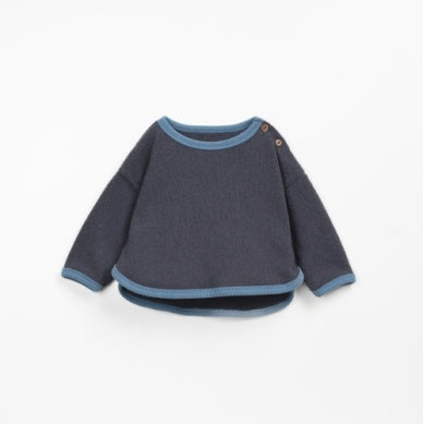 baby boy sweater, gray sweater with blue trim and two buttons on the left shoulder 