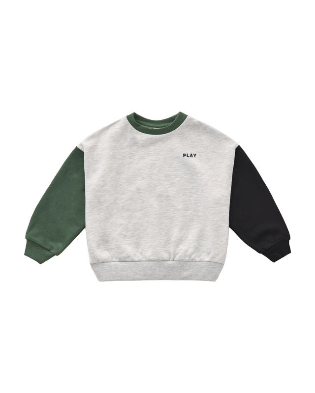 Color-blocked sweatshirt with green, gray, and black sleeves on a white background