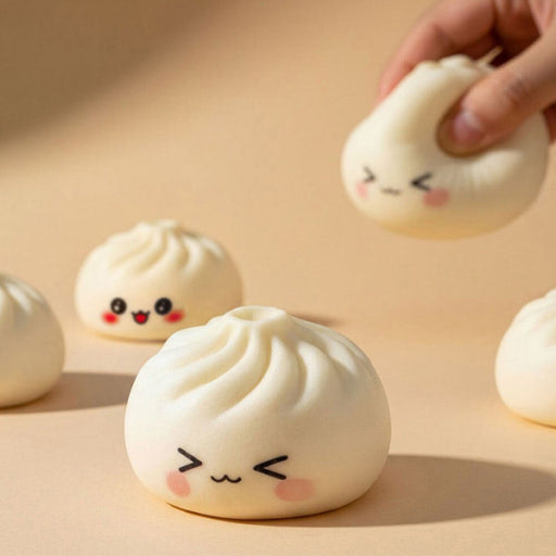 Stuffed buns with cute face designs on a beige background