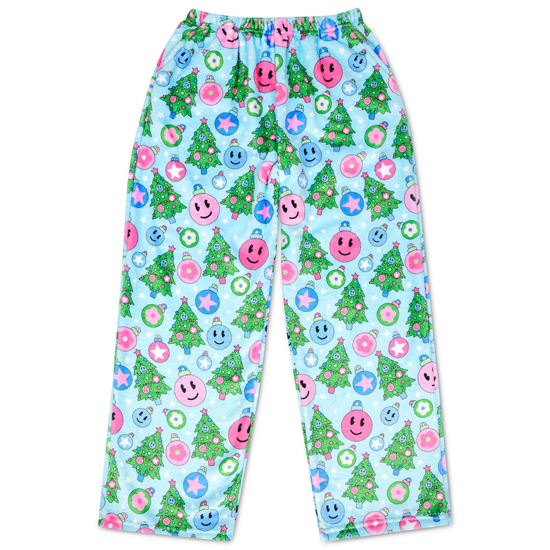 Blue plush holiday pants with christmas ornaments and christmas trees