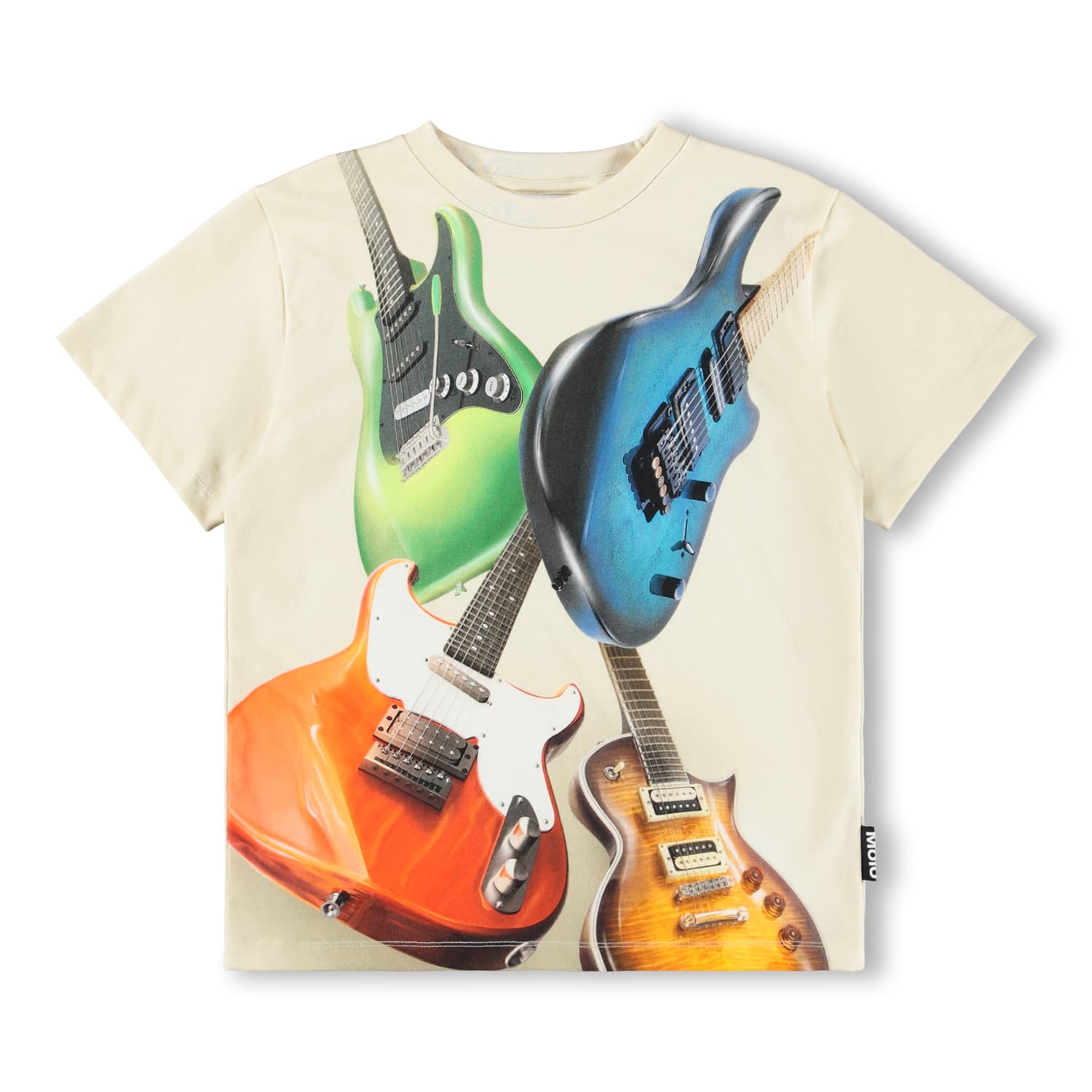 T-shirt with colorful guitar design on a beige background