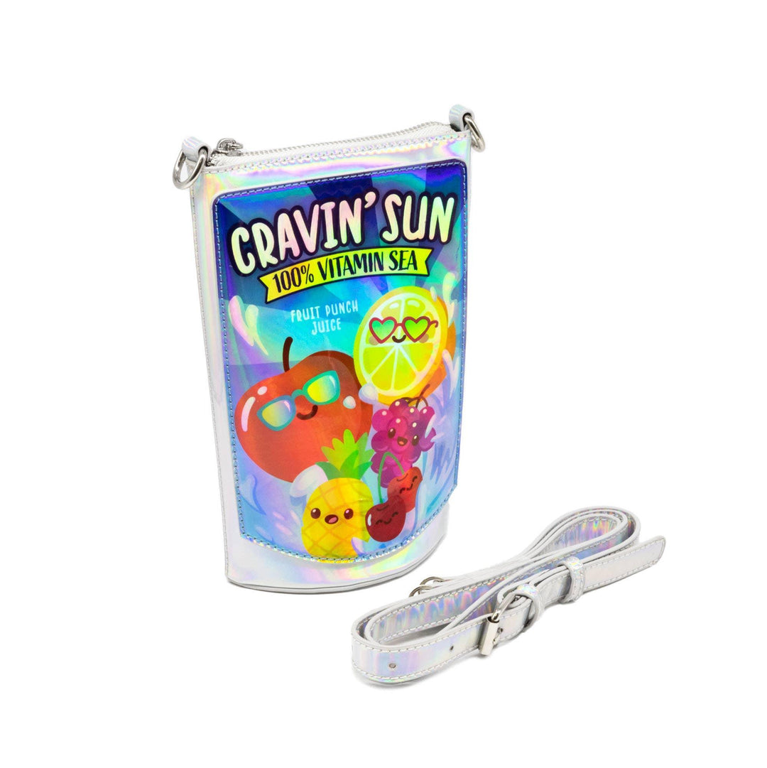 handbag shaped like a juice box with summer fruits on the front of the hologram bag. strap is detachable. 