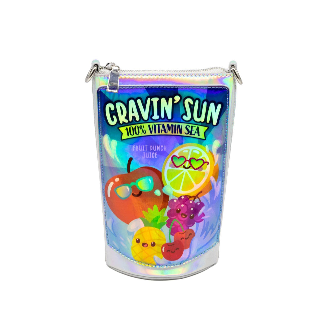 handbag shaped like a juice box that looks like a capri sun- the bag says 'Cravin Sun' across the top. 