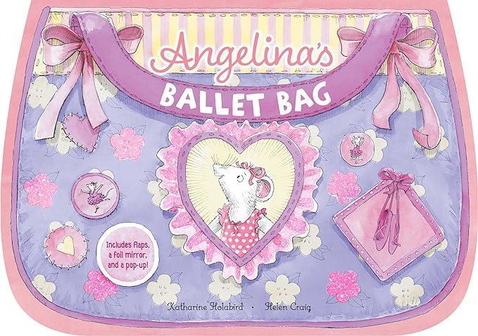 Children's ballet bag with heart design and character illustration on a purple background