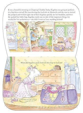 Illustrated book page with a mouse character preparing for a performance, featuring a bag and dress.