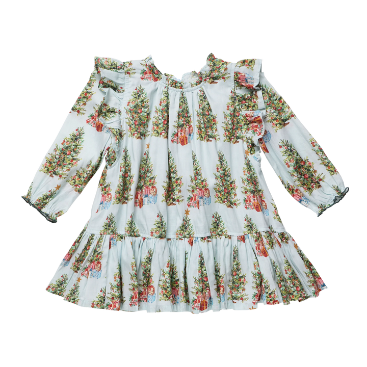 A long-sleeve baby dress with a ruffled collar and tiered skirt, featuring a festive Christmas tree and gift pattern on a pale blue background.