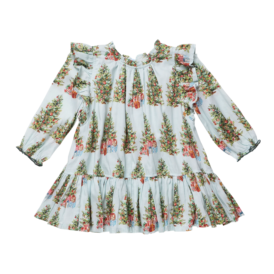 A long-sleeve baby dress with a ruffled collar and tiered skirt, featuring a festive Christmas tree and gift pattern on a pale blue background.