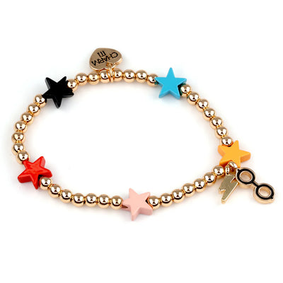 gold beaded stretch bracelet with primary color stars and Harry POtter glasses attached to the bracelet