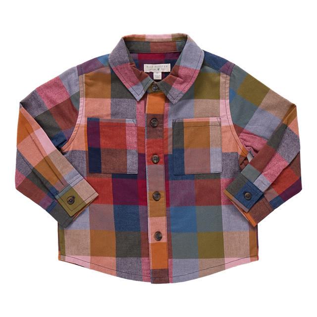 Colorful button down plaid shirt on a white background