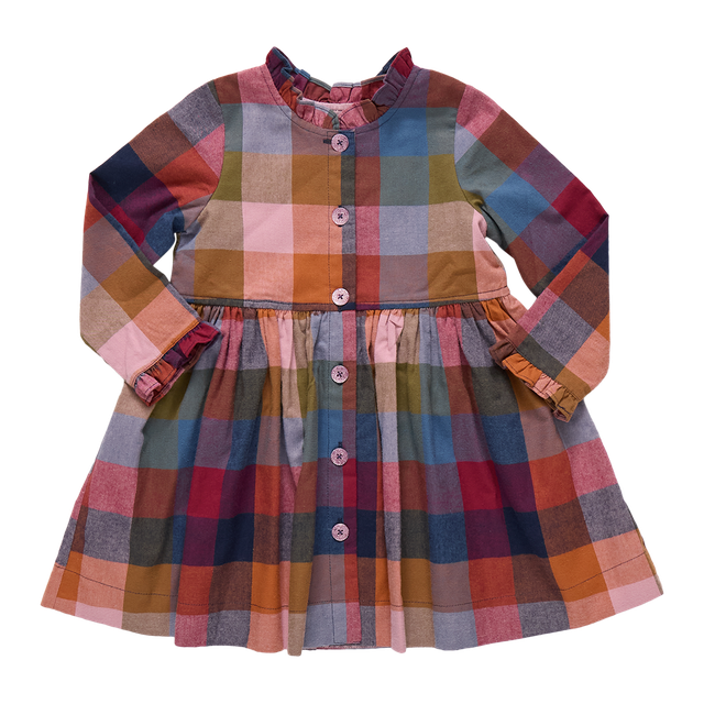 Colorful plaid dress with long sleeves on a white background