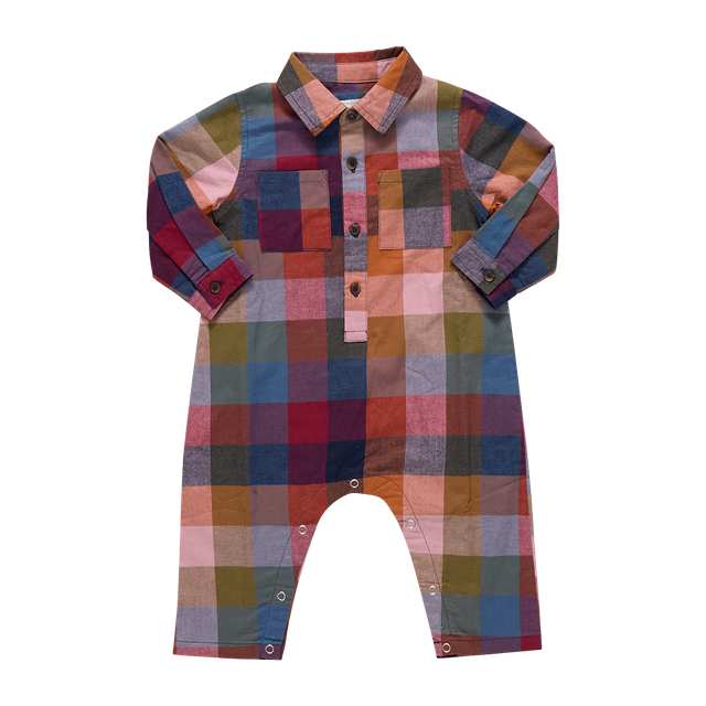 Multicolored checkered baby romper on a white background