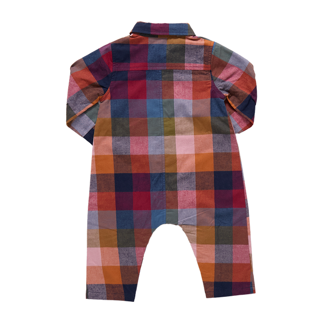 back of Multicolored checkered baby romper on a white background