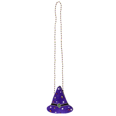 beaded bag, crossbody style. The bag is in the shape of a witch's hat.  The hat is purple and it has studded gems all over it. 