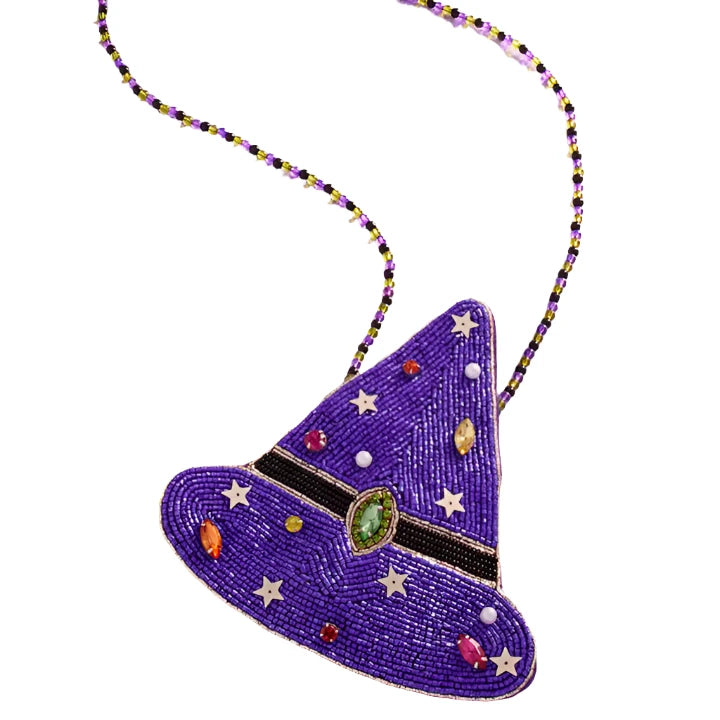 close up of the witch hat bag and detailing. Purple color hat, beaded detailing and small multi colored gems for extra sparkle.