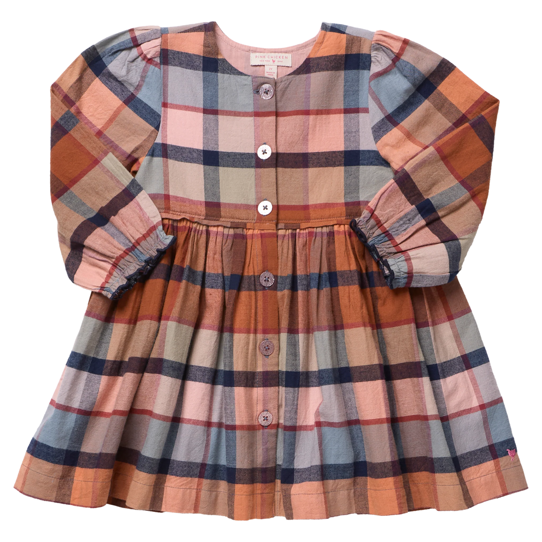 girls rust plaid dress with blue accents. long sleeves and buttons down the front. 