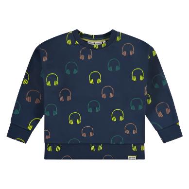 crewneck boys sweatshirt. navy base with neon green, teal and brown headphones. 