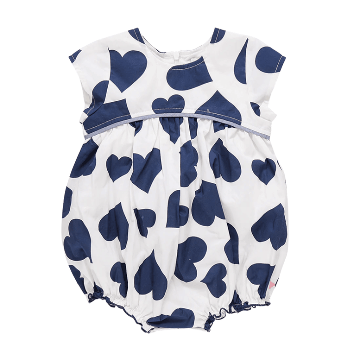 This is a baby bubble, white background color with large navy hearts all over. short sleeve and empire waist 
