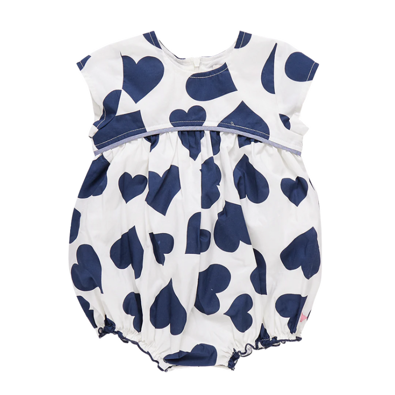 This is a baby bubble, white background color with large navy hearts all over. short sleeve and empire waist 