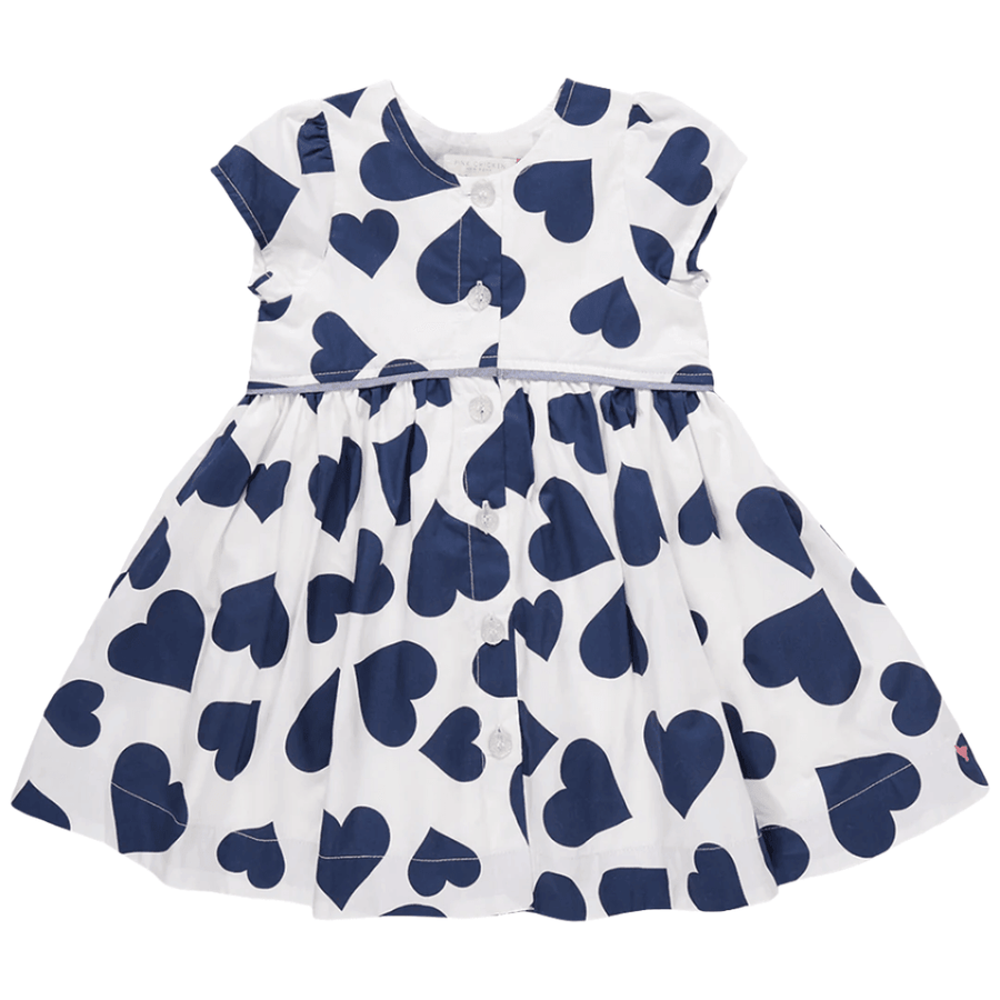 button down shirt dress with no collar, white background with large navy hearts. cap sleeve