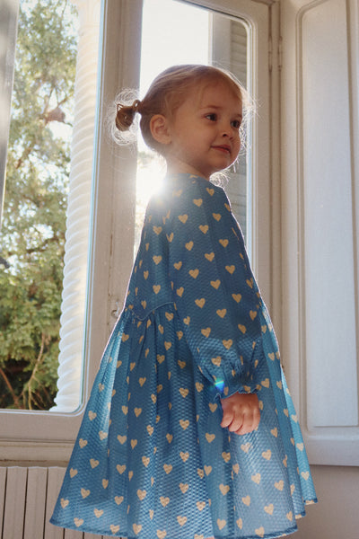 image of little girl modeling the dress, blouson sleeves and flowy skirt. the dress has a roomy fit 