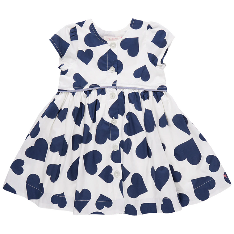 button down shirt dress with no collar, white background with large navy hearts. cap sleeve