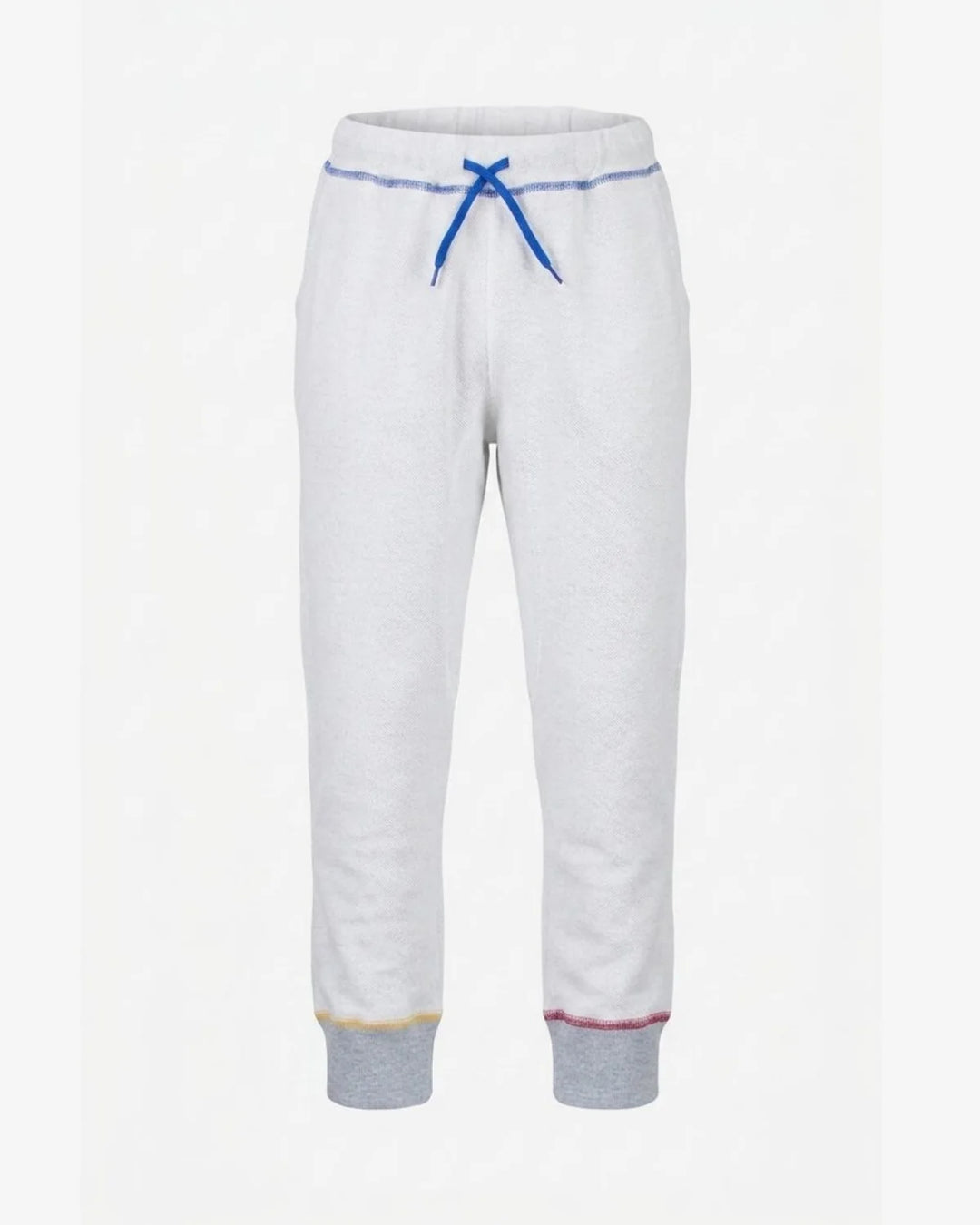 gray sweatpants with a blue drawstring