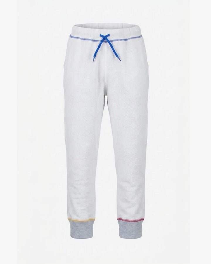 gray sweatpants with a blue drawstring