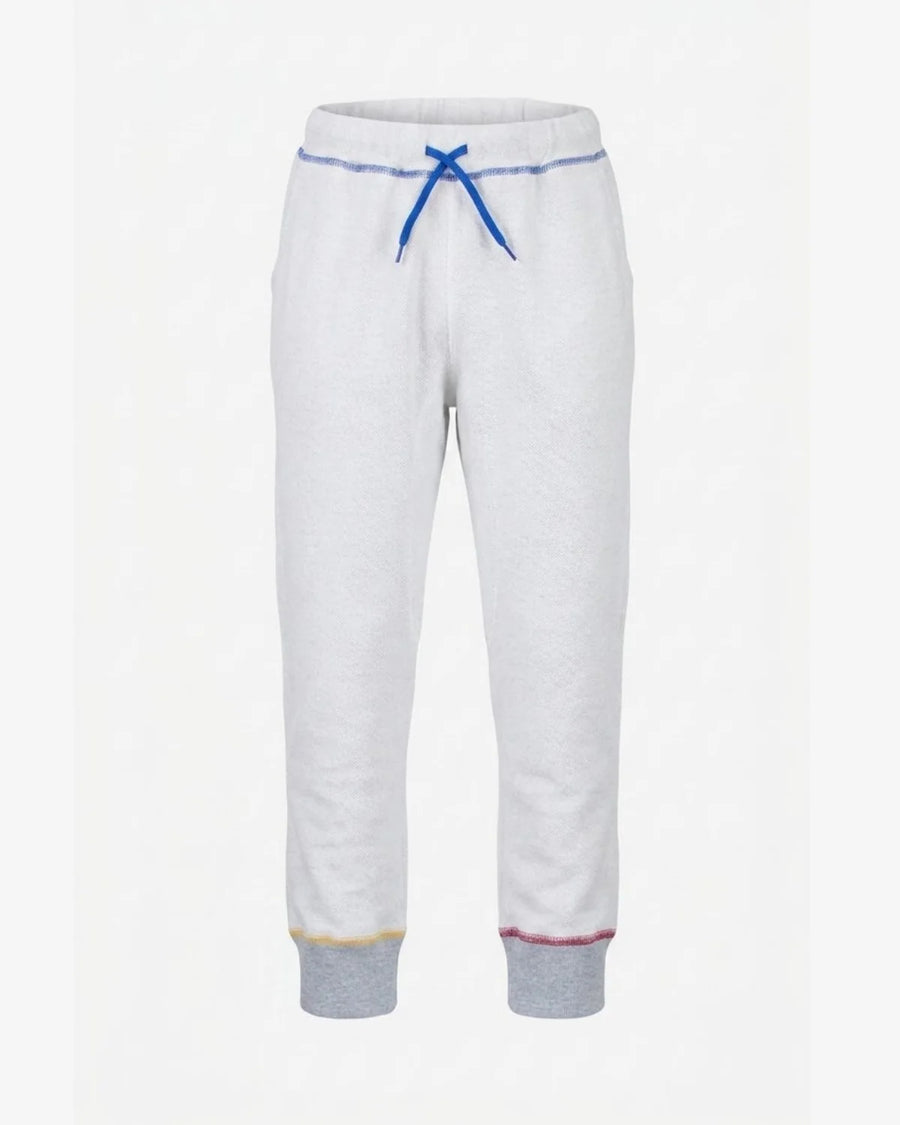 gray sweatpants with a blue drawstring