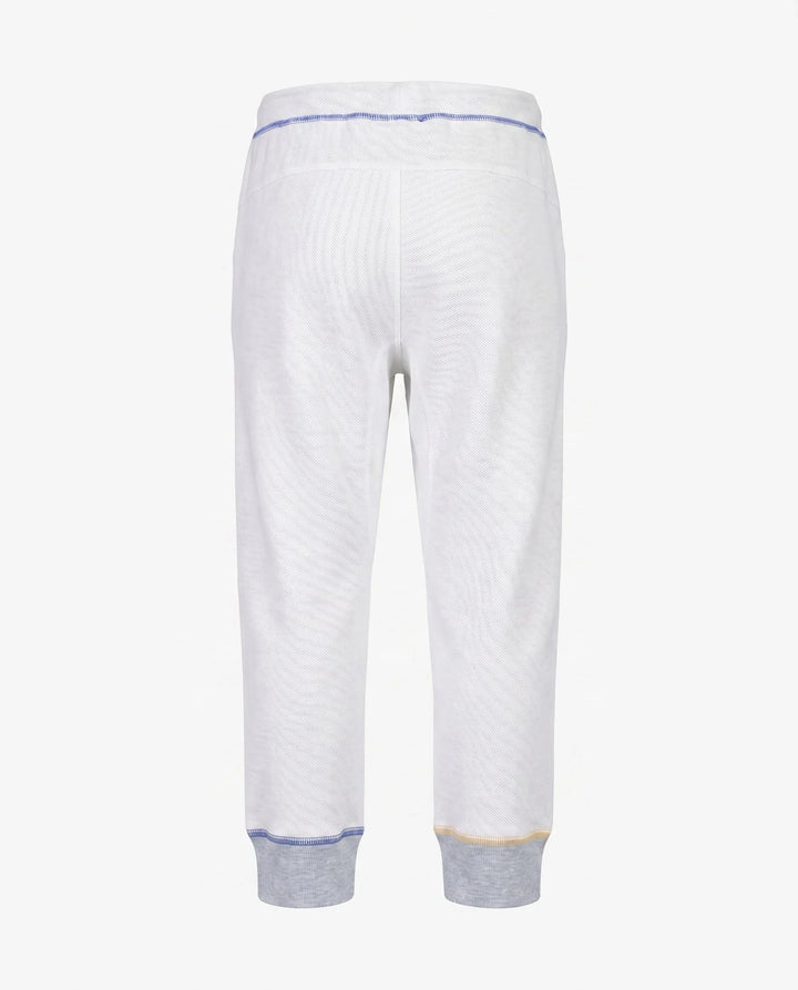 gray sweatpants with blue stitching from behind. 