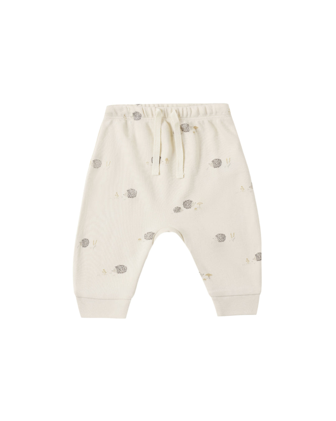 Off-white baby jogger pants with a small gray hedgehog print, featuring an elastic waistband and drawstring.